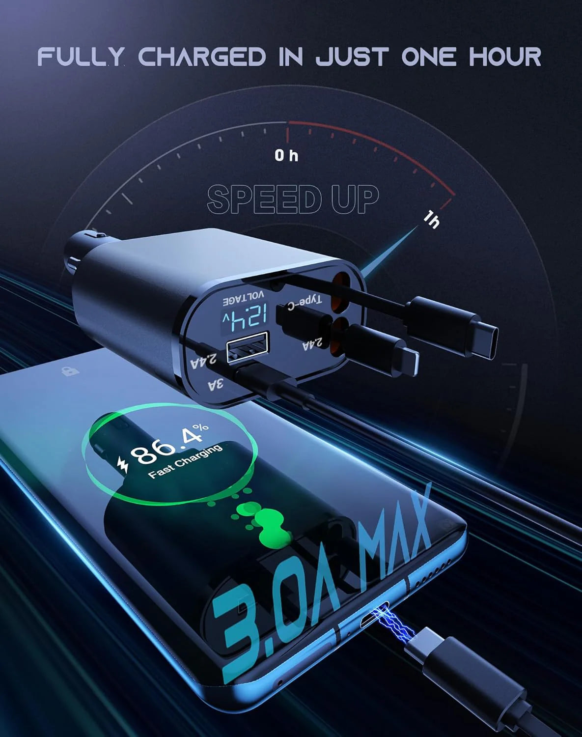 Retractable Car Charger 4 in 1 Fast Car Phone Charger 120W with USB Type C Cable and Lighting