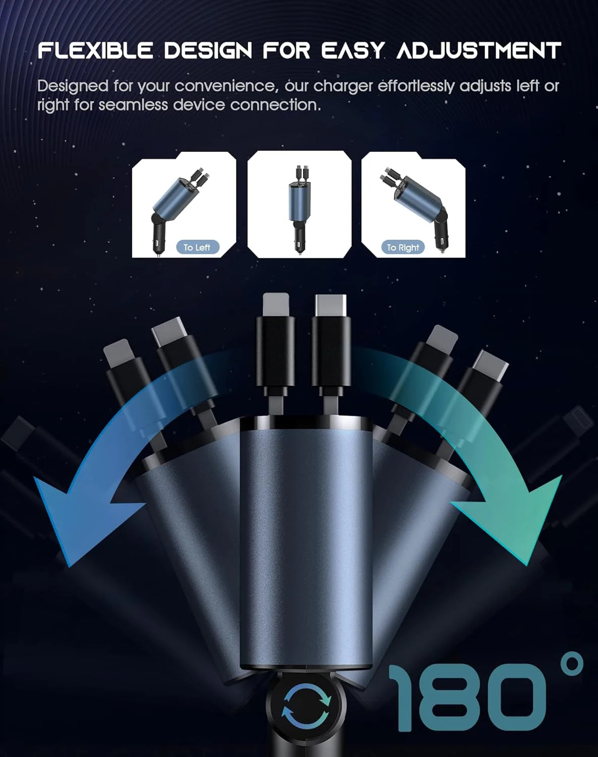 Retractable Car Charger 4 in 1 Fast Car Phone Charger 120W with USB Type C Cable and Lighting
