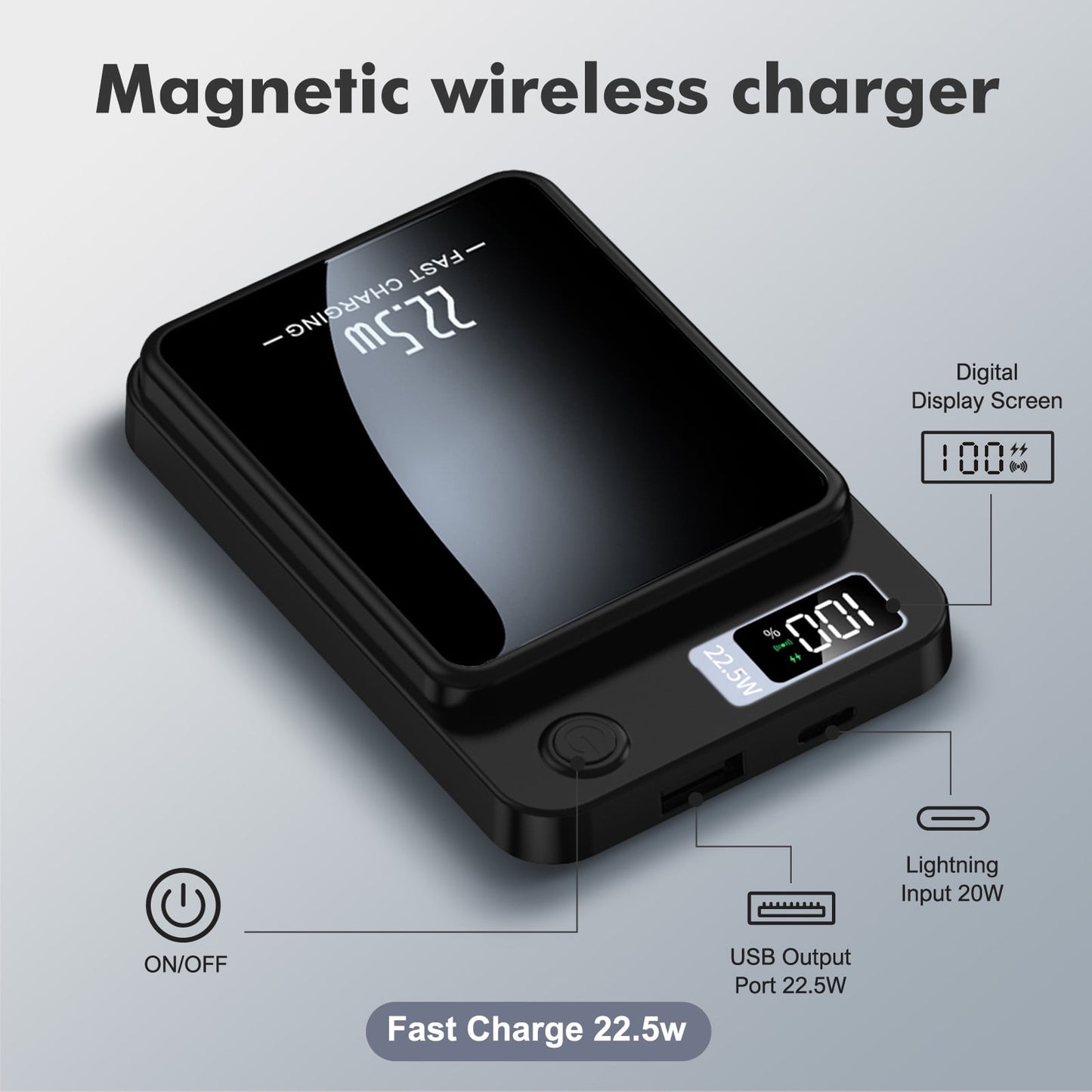 Wireless Portable Charger with LED Power Display, 10000Mah 22.5W Phone Battery Bank,2 in 1 Wireless Magnetic Power Bank, Suitable for Outdoor Travel Emergency Backup Battery Pack, Black