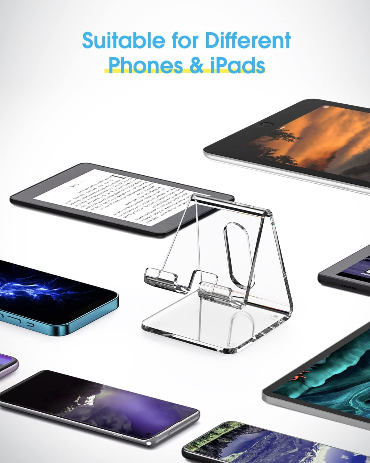 Acrylic Cell Phone Stand Holder for Desk, Clear Phone Dock Cradle Compatible with Iphone 16/15/14/13 Pro Max 12/11 XR, All Smartphones, Office Accessories