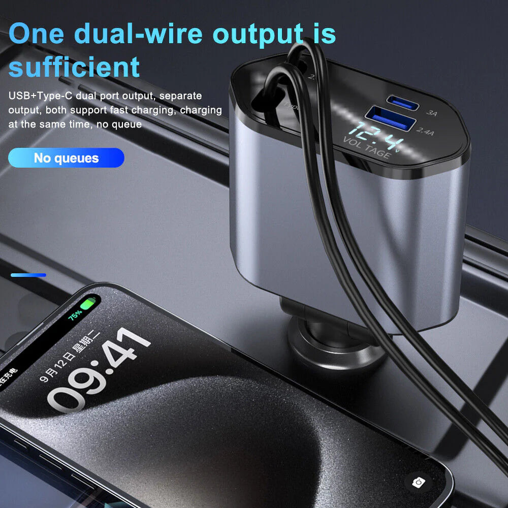 Retractable Car Charger 4 in 1 Fast Car Phone Charger 120W with USB Type C Cable and Lighting