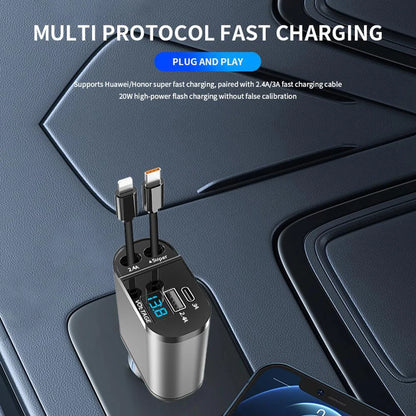 Retractable Car Charger 4 in 1 Fast Car Phone Charger 120W with USB Type C Cable and Lighting