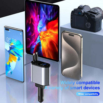 Retractable Car Charger 4 in 1 Fast Car Phone Charger 120W with USB Type C Cable and Lighting