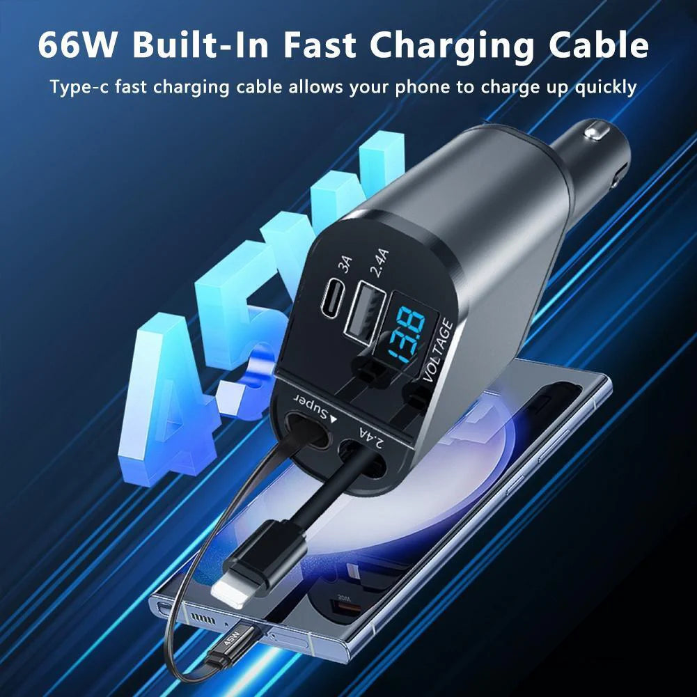 Retractable Car Charger 4 in 1 Fast Car Phone Charger 120W with USB Type C Cable and Lighting