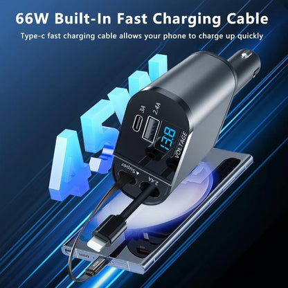 Retractable Car Charger 4 in 1 Fast Car Phone Charger 120W with USB Type C Cable and Lighting