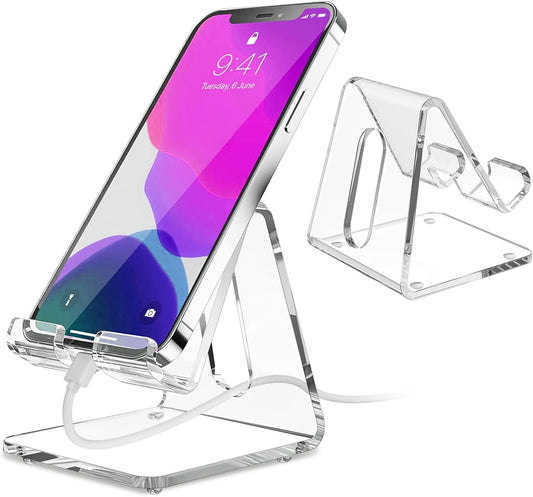Acrylic Cell Phone Stand Holder for Desk, Clear Phone Dock Cradle Compatible with Iphone 16/15/14/13 Pro Max 12/11 XR, All Smartphones, Office Accessories