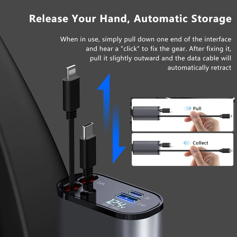 Retractable Car Charger 4 in 1 Fast Car Phone Charger 120W with USB Type C Cable and Lighting