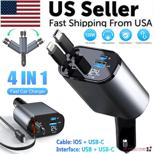 Retractable Car Charger 4 in 1 Fast Car Phone Charger 120W with USB Type C Cable and Lighting