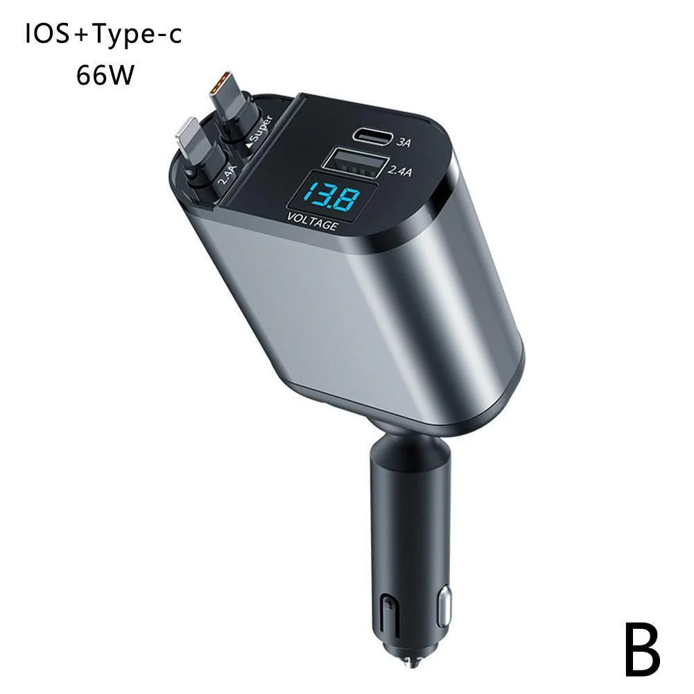 Retractable Car Charger 4 in 1 Fast Car Phone Charger 120W with USB Type C Cable and Lighting