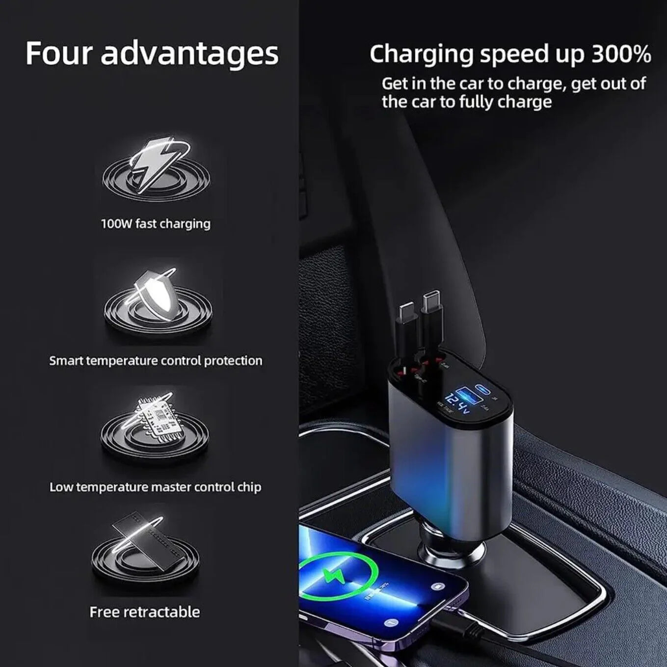 Retractable Car Charger 4 in 1 Fast Car Phone Charger 120W with USB Type C Cable and Lighting