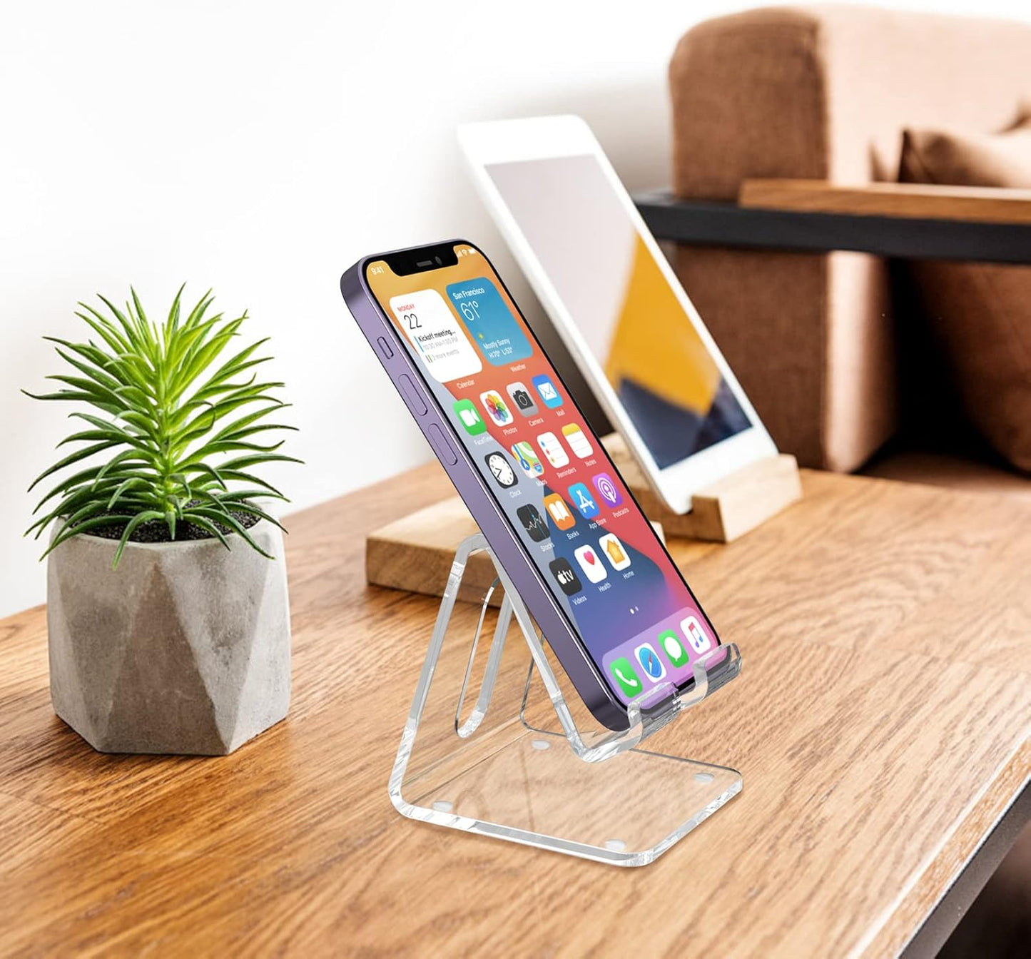 Acrylic Cell Phone Stand Holder for Desk, Clear Phone Dock Cradle Compatible with Iphone 16/15/14/13 Pro Max 12/11 XR, All Smartphones, Office Accessories