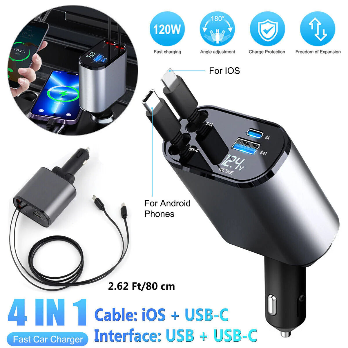 Retractable Car Charger 4 in 1 Fast Car Phone Charger 120W with USB Type C Cable and Lighting