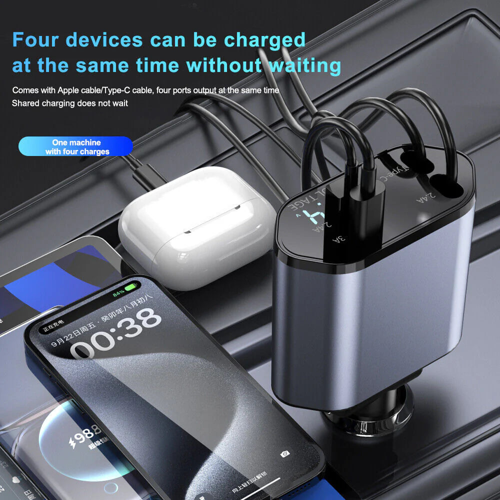 Retractable Car Charger 4 in 1 Fast Car Phone Charger 120W with USB Type C Cable and Lighting