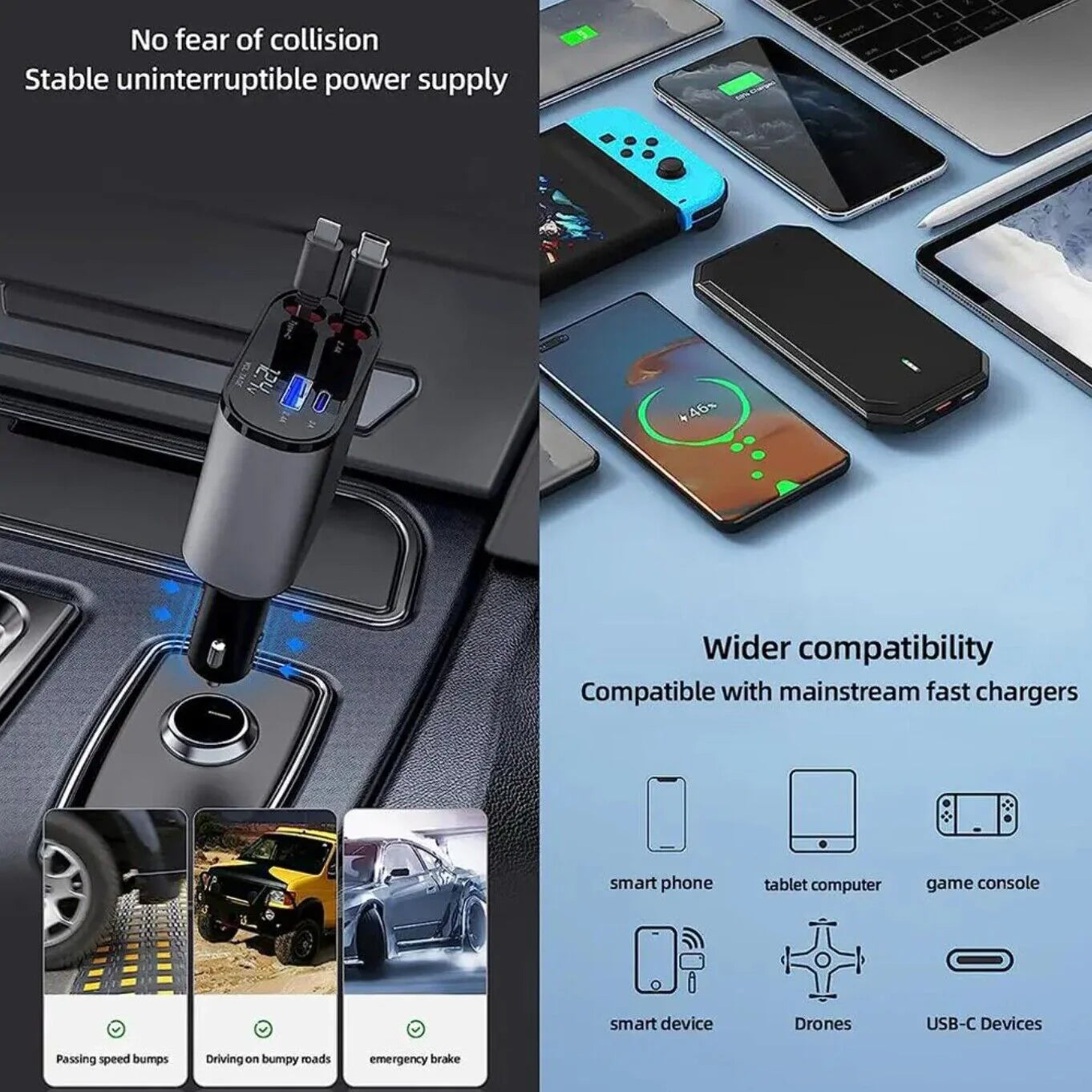 Retractable Car Charger 4 in 1 Fast Car Phone Charger 120W with USB Type C Cable and Lighting