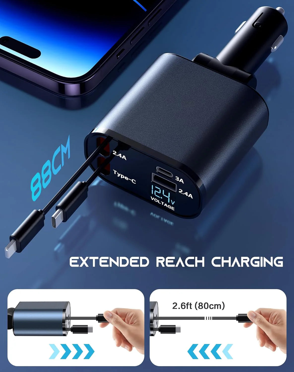 Retractable Car Charger 4 in 1 Fast Car Phone Charger 120W with USB Type C Cable and Lighting