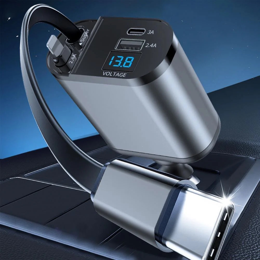 Retractable Car Charger 4 in 1 Fast Car Phone Charger 120W with USB Type C Cable and Lighting