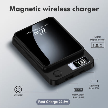 Wireless Portable Charger with LED Power Display, 10000Mah 22.5W Phone Battery Bank,2 in 1 Wireless Magnetic Power Bank, Suitable for Outdoor Travel Emergency Backup Battery Pack, Black