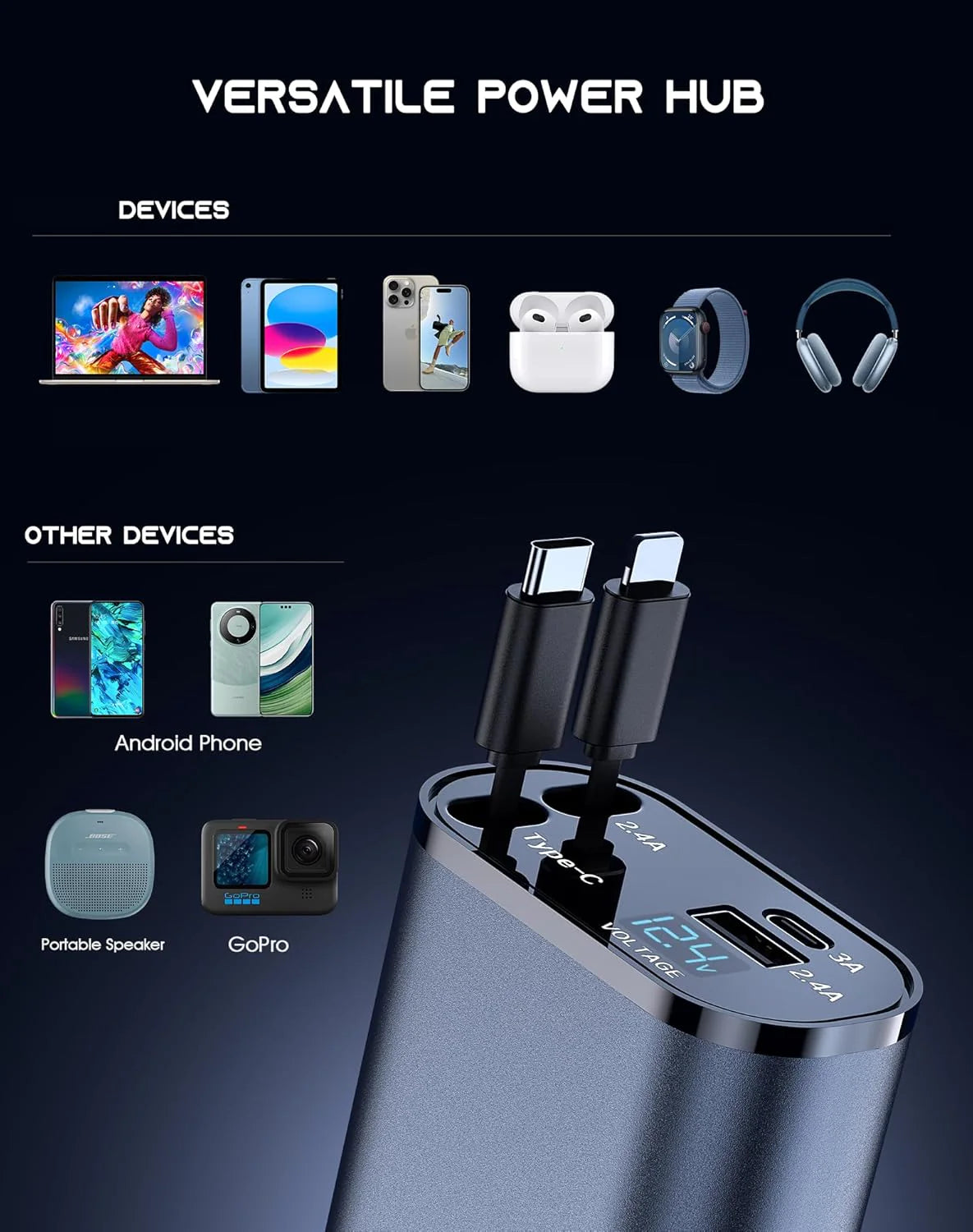 Retractable Car Charger 4 in 1 Fast Car Phone Charger 120W with USB Type C Cable and Lighting