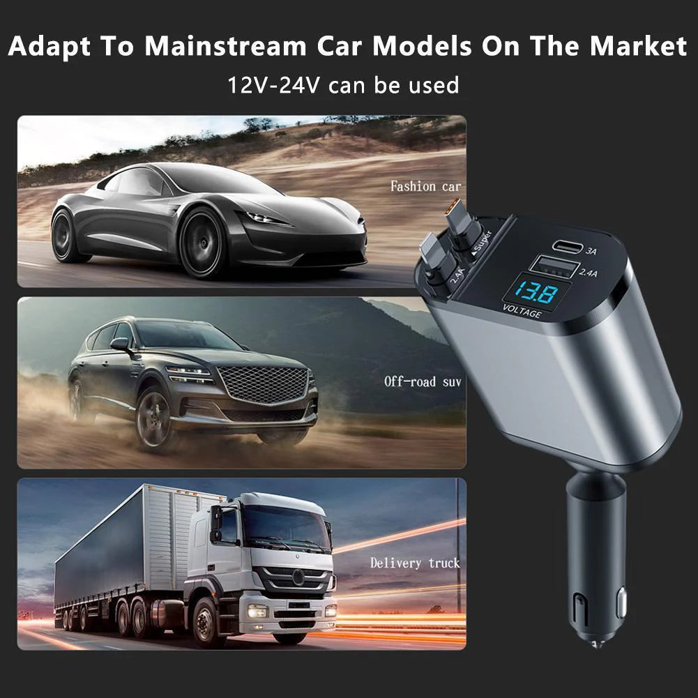 Retractable Car Charger 4 in 1 Fast Car Phone Charger 120W with USB Type C Cable and Lighting