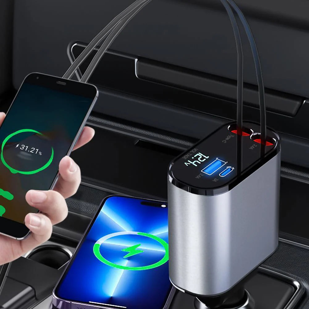 Retractable Car Charger 4 in 1 Fast Car Phone Charger 120W with USB Type C Cable and Lighting
